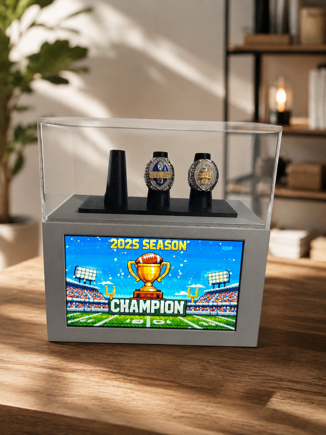 Gridiron Video Trophy by Distinction Labs — built-in LCD screen displaying fantasy football highlights